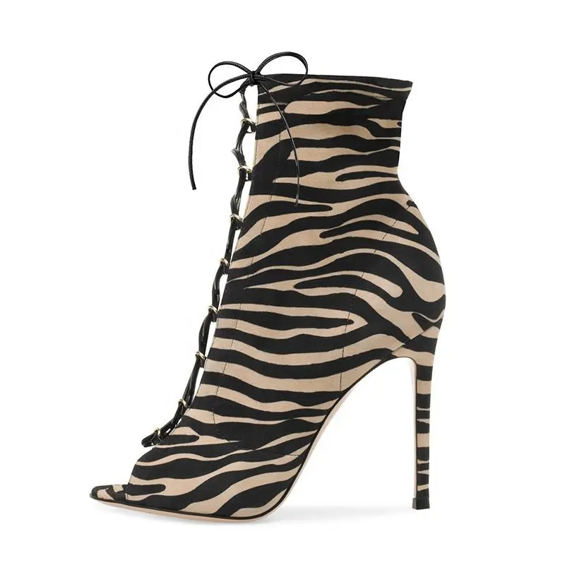 2020 Tailingjia Groothandel Vrouwen Schoenen Sexy Jurk Hakken Zebra Paard Print Faux Suede Hoge Hak Peep Toe Lace Up Grote size