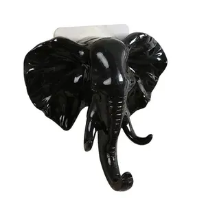 Negro elefantes de cerámica cabeza de elefante de una sola pared gancho/gancho de la suspensión de ropa de abrigo sombrero de gancho adhesivo decoración del hogar (negro)