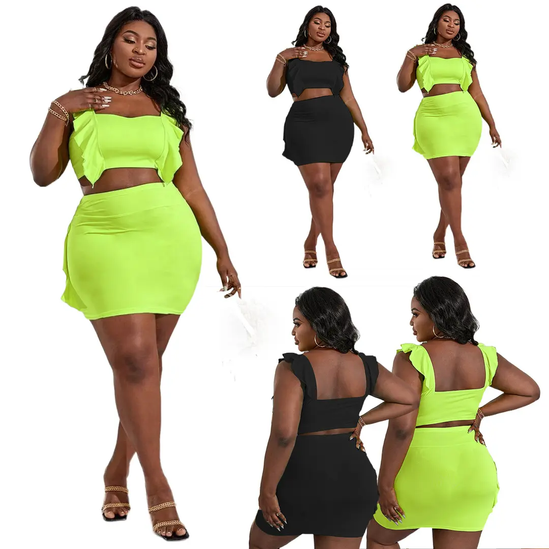 Custom Logo L-4XL Plus Size Ruffles Sling Crop Tops And Mini Skirts Women Loose Solid Color 2 Piece Skirt Sets