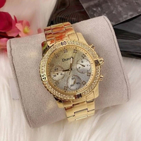 Jam Tangan Wanita Grosir Guesst Gold Chronograph Kristal Bezel Dial Berkilau Bahan Stainless Steel Tahan Air Quartz