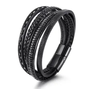 Handmade Multilayer Woven Black Brown Bracelet Men's Magnet Buckle Leather Wrap Bracelet