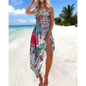 2025 गर्मियों में महिलाओं के स्ट्रैपलेस प्रिंट मैक्सी ड्रेस उच्च कमर की तरफ स्लाइड आकस्मिक समुद्र तट छुट्टी रिसॉर्ट - Product Image 4