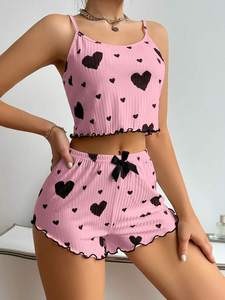 Wholesale Summer Home Use Sleepwear Women Heart Print Relaxed Fit Durable Polyester Elastic Waist <b>Pajama</b> Set Neck Backless <b>Crop</b> - Product Image 5