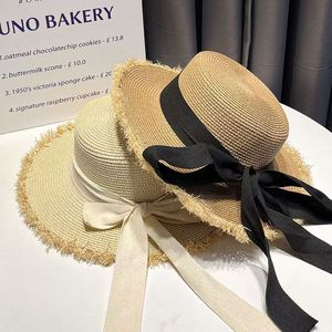 Xi Boyu Sombrero de paja deshilachado de copa plana con lazo y ala ancha, sombrero de protección solar para playa de verano para mujer, color sólido - Product Image 3