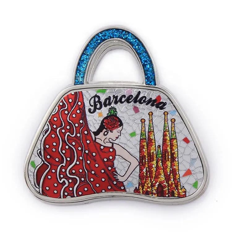 Magnete per frigorifero in metallo Souvenir a forma di borsa di barcellona diretto in fabbrica personalizzato