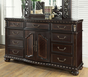 Ensemble de meubles de chambre à coucher en bois massif avec tête de lit sculptée à la main de style antique de luxe, couleur foncée - Product Image 2