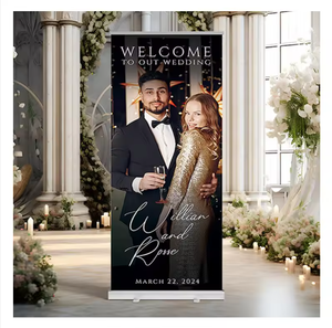 कस्टम वेडिंग बैनर पोर्टेबल रोल अप बैनर 'स्टैंड रिट्रेटेबल बैनर रोल अप' लोगो के साथ कस्टम पृष्ठभूमि प्रदर्शित करता है - Product Image 1