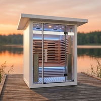 Sauna extérieur moderne en pin avec panneau de commande électronique, verre panoramique et chauffage à vapeur humide pour villa et jardin