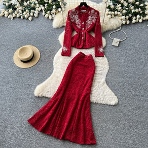 Ensemble <span class=keywords><strong>deux</strong></span> <span class=keywords><strong>pièces</strong></span> chic et élégant pour <span class=keywords><strong>femme</strong></span>, col en V, <span class=keywords><strong>dentelle</strong></span>, perles et broderies, coupe ajustée, collection automne, qualité supérieure - Product Image 4