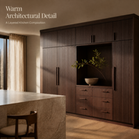 Buffet de cuisine en noyer à texture cannelée, éclairage LED, meuble de rangement de style mid-century avec portes à lattes et plan de travail anthracite
