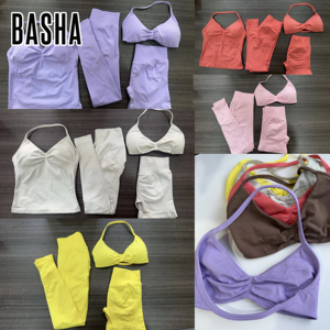 Completo Sportivo da Donna in Nylon Opaco ad Alta Elasticità con Reggiseno a Schiena Aperta, Top con Scollo a V e Leggings a Tre Pezzi - Product Image 2