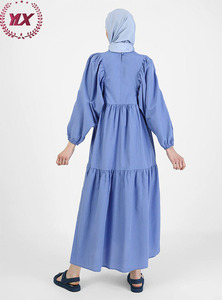 <strong>Modanisa</strong> Women Blue Solid Crew Neck Back Keyhole Button Solid Colour Muslim Long Sleeve Cuff Pretty Long Dress Jalabiya - Product Image 3