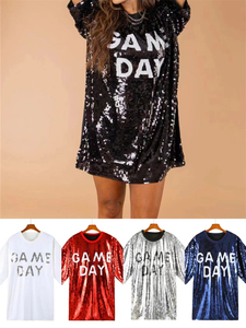 T-shirt <span class=keywords><strong>da</strong></span> <span class=keywords><strong>Donna</strong></span> con Paillettes, Collo Tondo, Mezza Manica, Vestito Ampio con Stampa 'GAME DAY' - Product Image 5