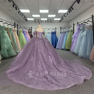 Robes de Quinceañera en dentelle brillante lavande, robe de bal, épaules dénudées, fleurs faites à la main, fête des <span class=keywords><strong>15</strong></span> ans, Dy6839 - Product Image 5