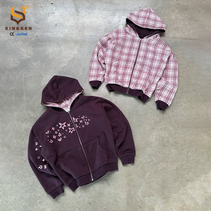 เสื้อฮู้ดดี้พรีเมียมวินเทจทรงโอเวอร์ไซส์ผ้าฝ้ายหนานุ่มแบบซิปสำหรับผู้ชาย ลายสก็อตบุซับใน ปักลายดาวและหัวใจ สไตล์สตรีทแวร์ - Product Image 1