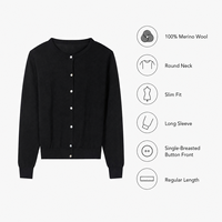 Pull en laine mérinos douce pour femme, col rond, manches longues, boutonné, coupe ajustée, noir uni, minimaliste, simple boutonnage, automne-hiver