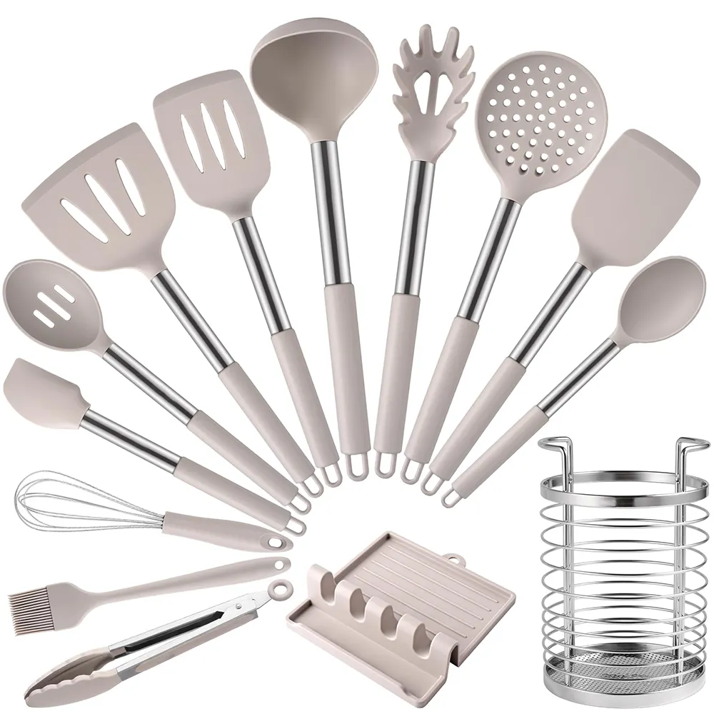 TOALLWIN Küchenwerkzeuge Gadgets individuelles Silikon-Kochutensilien Küchenset Edelstahl-Silikon-Küchenutensilien mit Ständer