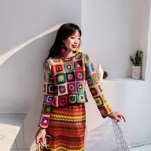2021 autumn and winter new Mexican handmade crochet hollow sweater national style color cotton Joker coat Ethnic crochet sweater