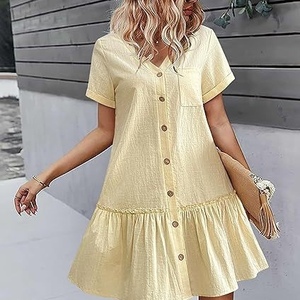 Women's Loose Summer Cotton Linen Ruffle Hem Casual Short Sleeve Buckle Dresses Fashion - Product Image 1