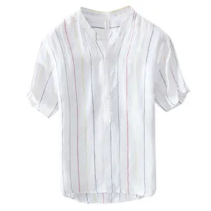 Chemise à manches courtes pour hommes, haute qualité, personnalisée, blanc, à rayures, en lin, avec boutons, grande taille, 100%