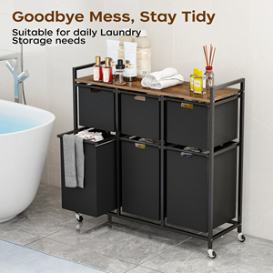 <span class=keywords><strong>Panier</strong></span> à linge moderne en métal avec roulettes, grande capacité, organisateur de bureau avec 6 sacs à linge extractibles - Product Image 3