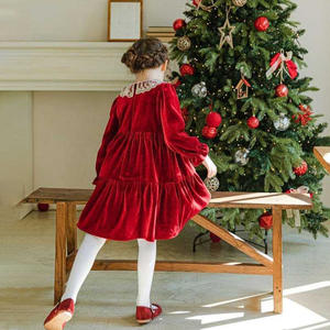 Vestido rojo de manga larga de terciopelo personalizado para niñas hasta la rodilla Otoño Invierno ropa para niños cuello de encaje dulce para Navidad Año Nuevo - Product Image 5