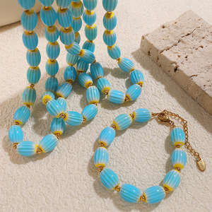 Ceramic <b>Bead</b> Necklace And Bracelet <b>Set</b> Blue Yellow Gold Plated Women's Fashion Jewelry Stainless Steel Irregular Design - Product Image 1