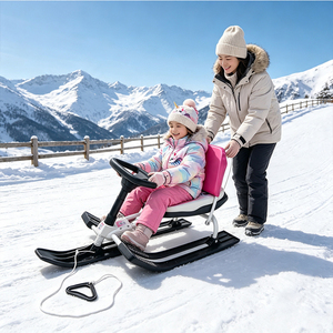 <span class=keywords><strong>Luge</strong></span> à neige directionnable pour enfants avec volant, siège rembourré et corde de traction – Idéale pour les activités hivernales en plein air et les descentes en ski - Product Image 1