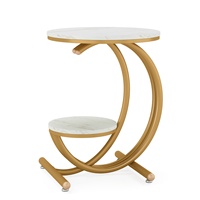 Table d'appoint en bois à deux niveaux en forme de C avec plateau en faux marbre et pieds en acier inoxydable, table ronde à vendre