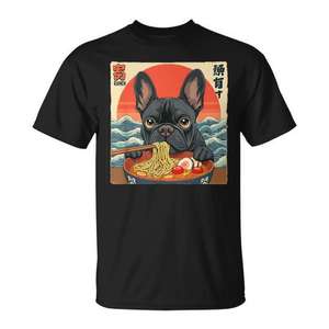 T-shirt unisexe pour adulte à col rond et manches courtes, imprimé numérique, motif bouledogue français et nouilles ramen, vêtement promotionnel - Product Image 1