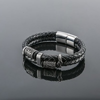 Bracelet en cuir noir à double couche en acier inoxydable avec fermoir magnétique, perles viking, nœud celtique, boussole