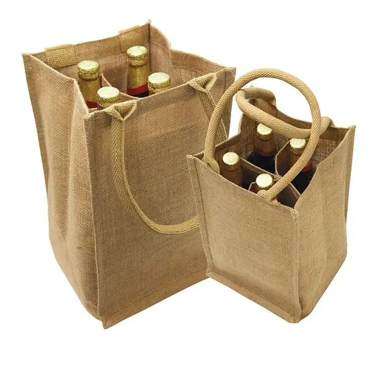 Sacola de transporte ecológica para presente de Natal, bolsa de transporte de juta para várias garrafas de vinho, com quatro garrafas, disponível a preço acessível