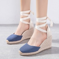 Espadrilles pour femmes, sandales compensées à talons hauts, chaussures d'été à talons épais, nouvelle collection 2025, semelle en chanvre français, doublure en peau de porc
