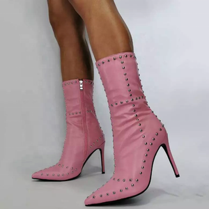 Bottes mi-mollet pour femme à talon fin et haut, ornées de rivets, grande taille 47, bout pointu, fermeture éclair latérale, bottines mi-hautes pour femme - Product Image 5