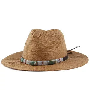 Женский головной убор пляжного дня, шляпа от солнца, летняя Панама с зеленым камнем