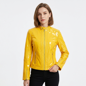 Chaqueta de Motocicleta Acolchada y Elegante para Mujer, Nueva Chaqueta de Cuero Sintético PU Duradera, Chaqueta de Cuero Amarillo Brillante para Mujer - Product Image 1