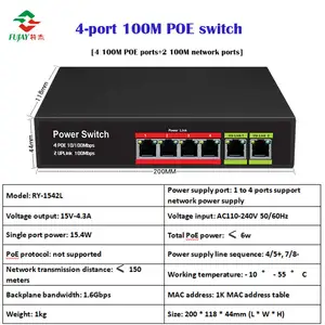Conmutador Ethernet de 4 puertos, montaje en estante, Rj45, 8 puertos, Poe, distancia de transmisión hasta 100m, 4 puertos, Gigabit