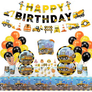 Fournitures <span class=keywords><strong>de</strong></span> fête d'anniversaire sur le thème <span class=keywords><strong>de</strong></span> la construction : Camion, Excavatrice, Bannière, <span class=keywords><strong>Guirlande</strong></span>, Décorations <span class=keywords><strong>de</strong></span> gâteau, Ballons, Assiettes, Gobelets, Serviettes, Nappe, Vaisselle - Product Image 1