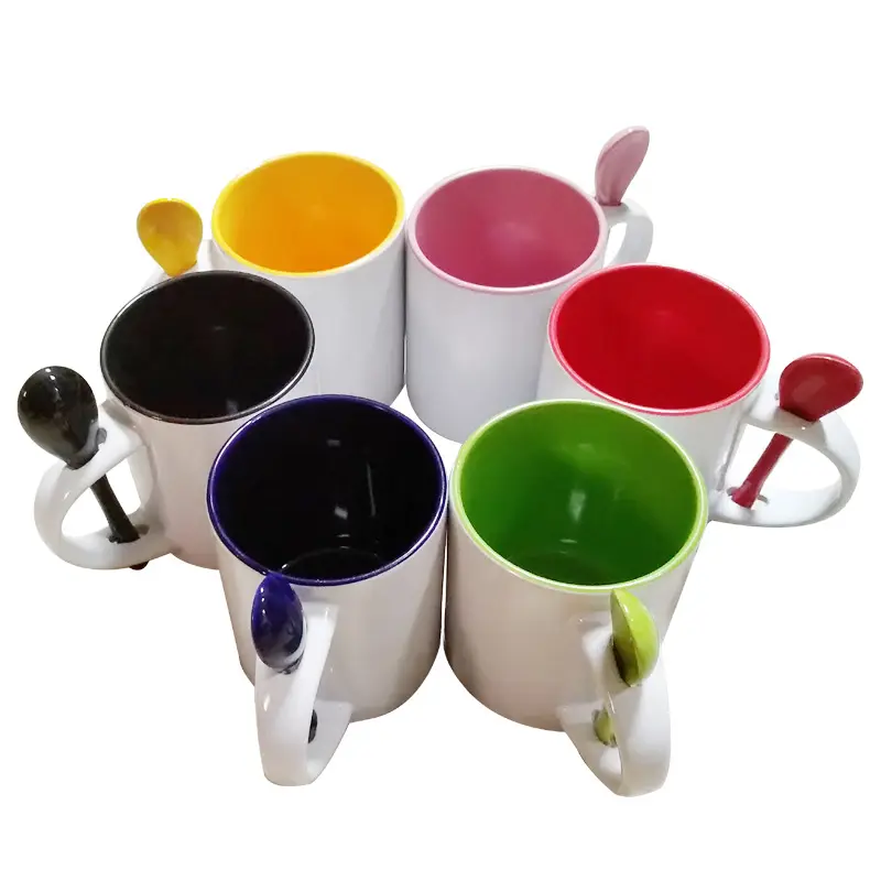 Tasse en céramique avec cuillère, impression par Sublimation, niveau blanc, 1 couleur intérieure, 11oz, vente en gros, livraison gratuite