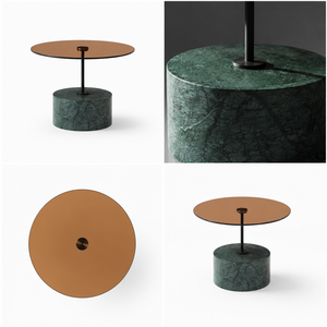 <span class=keywords><strong>Tavolino</strong></span> da Caffè Scultoreo Rotondo Moderno in Marmo Verde Naturale Indiano con Base Cilindrica in Bronzo e Piano in <span class=keywords><strong>Vetro</strong></span> Fumé di Lusso Personalizzabile - Product Image 3