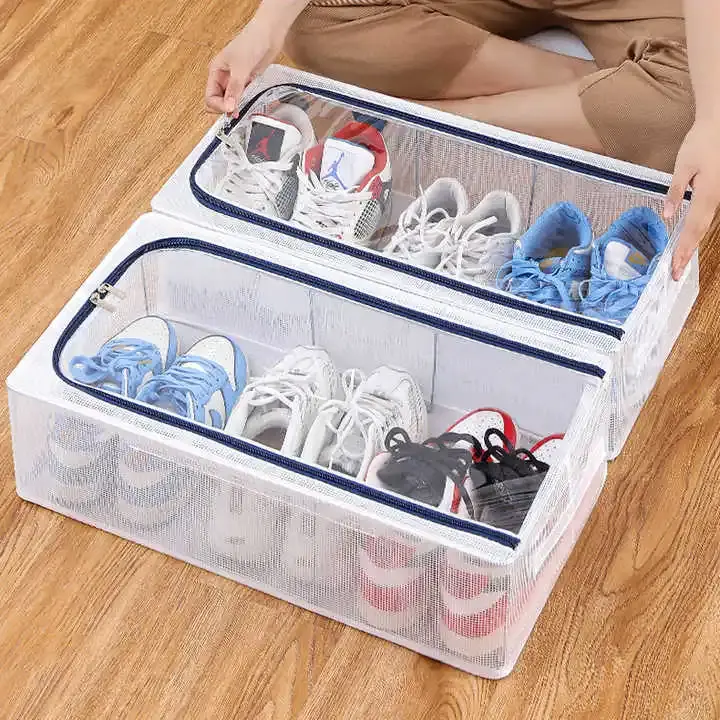 Caja de almacenamiento de zapatos de malla de PVC transparente impermeable a prueba de polvo ropa plegable zapatos debajo de la cama organizador caja de almacenamiento