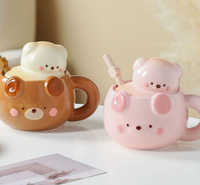 Tasses et mugs en céramique motif ours de dessin animé avec cuillères à couvercle – Cadeaux écologiques et durables pour hommes et femmes, tasses à café pour le petit-déjeuner