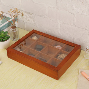 Boîte de rangement en bois à douze compartiments avec couvercle en verre pour bijoux, organisateur de bureau, capacité 4L - Product Image 3