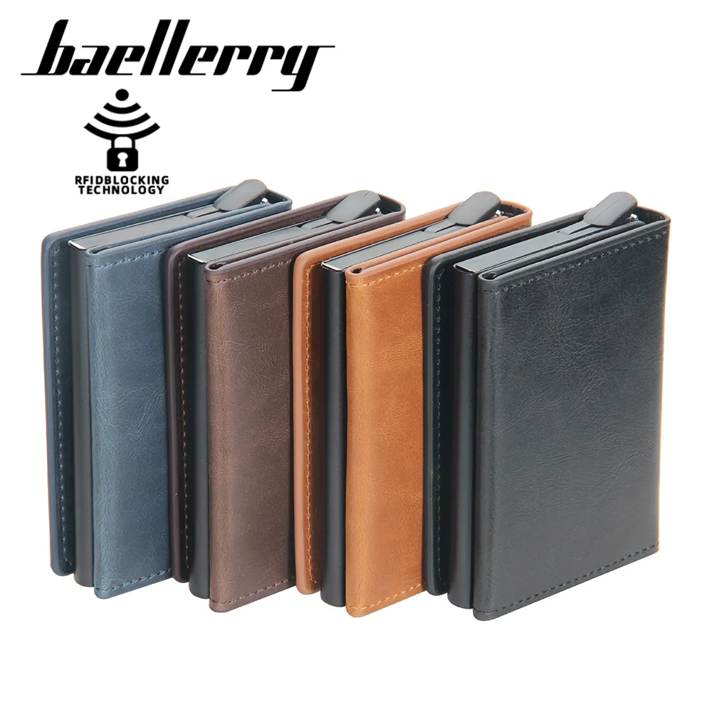 2022 baellerry Slim pu Leather small Pop Up Wallet Vintage RFID Blocking Anti Theft Automatic Aluminum Metal Credit Card Holder