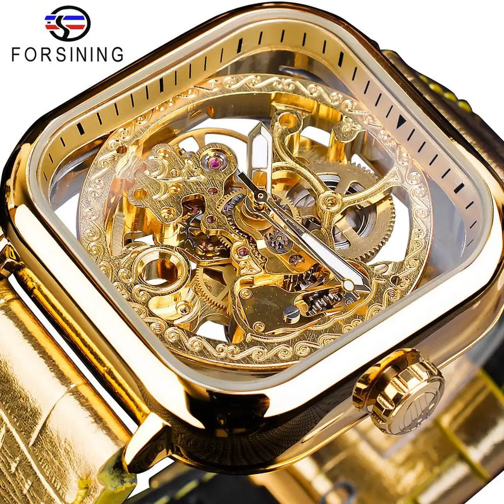 Forsining Waterproof Watches Gold Classic Fashion Business Square Dial Design Automatic Mechanical Men's Leisure 2020 Glass 22mm