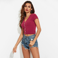 Kaos Jersey Wanita Slim Fit V-Neck Lengan Pendek dengan Kancing