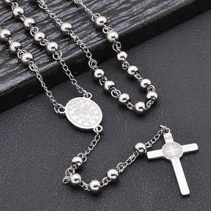 기독교 종교 스테인레스 스틸 6mm 구슬 체인 크로스 펜던트 보석 파티를위한 종교 거룩한 축복받은 묵주 목걸이 - Product Image 1