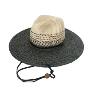 여름 Unisex 2 톤 종이 밀짚 모자 대량 넓은 테두리 밀짚 사파리 모자 턱 코드