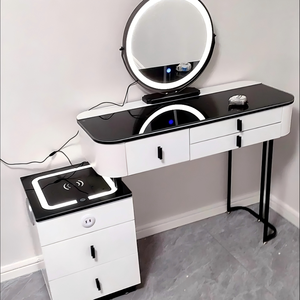 Nouvelle coiffeuse moderne avec rangement, miroir <span class=keywords><strong>LED</strong></span> réglable, chargeur <span class=keywords><strong>sans</strong></span> <span class=keywords><strong>fil</strong></span>, table de maquillage en verre trempé pour chambre à coucher - Product Image 2