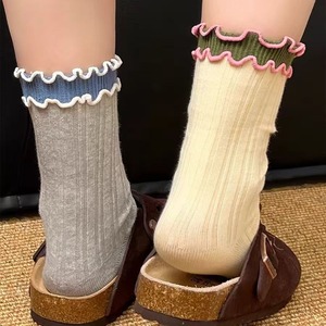 Womens Slouch <b>Socks</b> Gray Green Ruffled Trim Cotton Breathable Mid Calf <b>Sock</b> Youth Fashion - Product Image 2